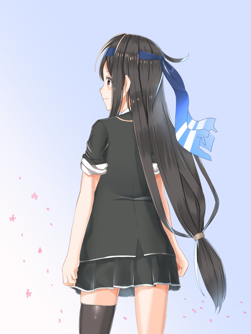 1girl, back, black_hair, black_legwear, black_skirt, blazer, blue_background, blue_headband