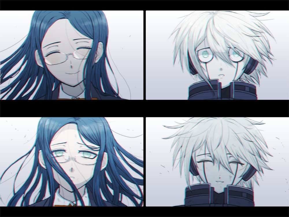 1boy, 1girl, aqua_eyes, black_jacket, blue_hair, closed_eyes, commentary, dangan_ronpa, facial_mark, frown, glasses, gohan_(8823cobalt), gradient, gradient_background, happy, head_tilt, hetero, jacket, keebo, long_hair, new_dangan_ronpa_v3, parted_lips, power_armor, shirogane_tsumugi, shirt, short_hair, simple_background, smile, unhappy, upper_body, white_shirt, windowboxed