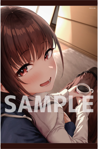 1girl, aoi_tiduru, black_legwear, blurry, blurry_background, brown_hair, coffee_mug, cup