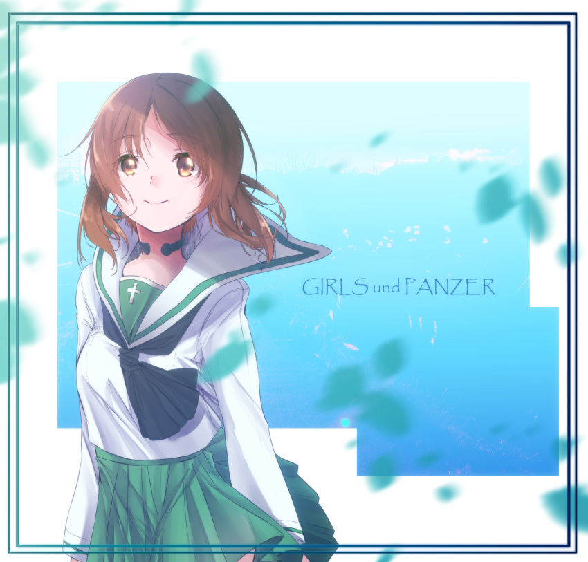 1girl, absurdres, bangs, black_neckwear, blouse, blurry, border, brown_eyes, brown_hair, closed_mouth, copyright_name, ebinuma_11, eyebrows_visible_through_hair, girls_und_panzer, green_border, green_skirt, highres, long_sleeves, looking_at_viewer, miniskirt, neckerchief, nishizumi_miho, ooarai_school_uniform, pleated_skirt, sailor_collar, school_uniform, serafuku, short_hair, skirt, smile, solo, standing, throat_microphone, white_blouse, white_sailor_collar, wind