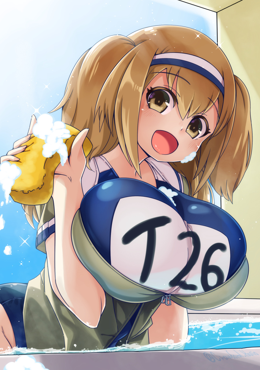 1girl, all_fours, bathtub, breasts, brown_eyes, brown_jacket, commentary_request, hairband