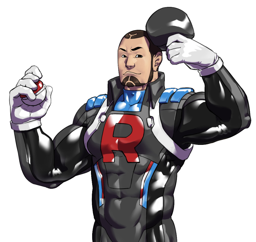 1boy, abs, bara, beard, black_hair, black_headwear, cliff_(pokemon), deersserts