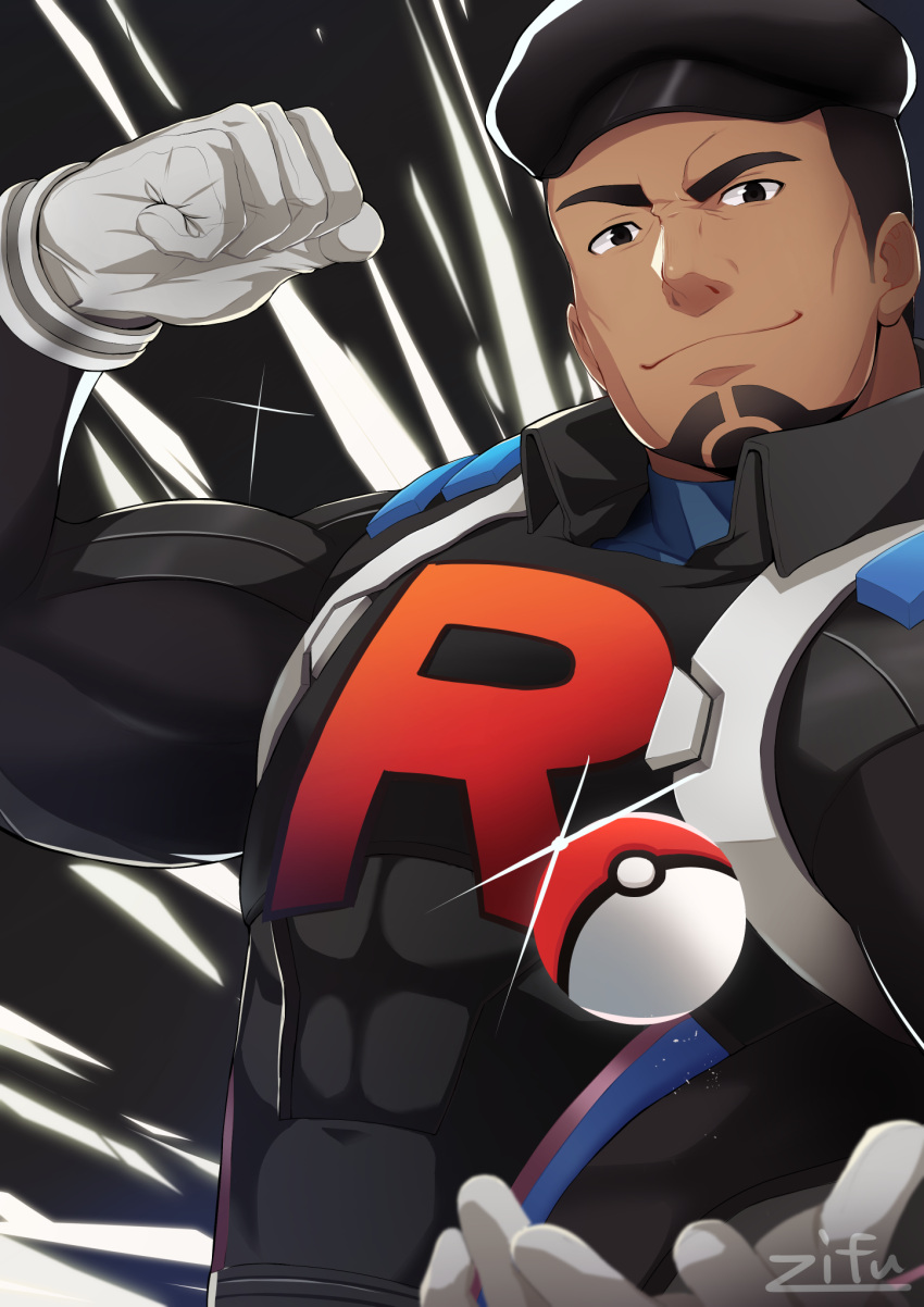 1boy, black_eyes, black_headwear, cliff_(pokemon), closed_mouth, commentary, covered_abs, gloves