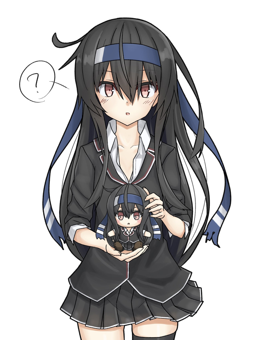 1girl, ?, black_hair, black_legwear, black_skirt, blazer, blue_headband, character_doll