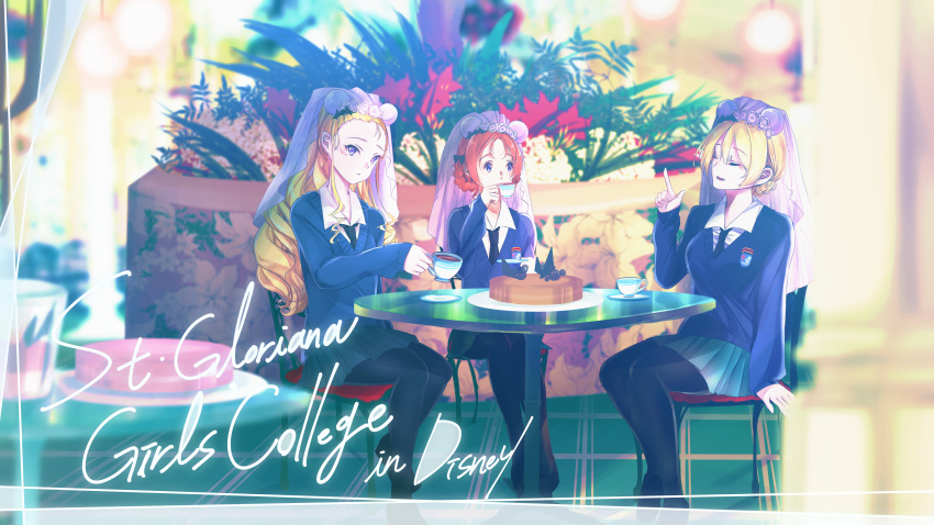3girls, absurdres, assam_(girls_und_panzer), bangs, black_bow, black_footwear, black_legwear, black_neckwear, black_ribbon, blonde_hair, blue_eyes, blue_skirt, blue_sweater, blurry, blurry_background, blurry_foreground, bow, braid, bridal_veil, chair, closed_eyes, closed_mouth, commentary, cup, cursive, darjeeling_(girls_und_panzer), depth_of_field, dress_shirt, ebinuma_11, emblem, english_text, girls_und_panzer, hair_bow, hair_pulled_back, hair_ribbon, highres, holding, holding_cup, holding_saucer, index_finger_raised, light_frown, long_hair, long_sleeves, looking_at_another, looking_at_viewer, miniskirt, multiple_girls, necktie, open_mouth, orange_hair, orange_pekoe_(girls_und_panzer), pantyhose, parted_bangs, plant, pleated_skirt, ribbon, saucer, school_uniform, shirt, shoes, short_hair, sitting, skirt, smile, st._gloriana's_(emblem), st._gloriana's_school_uniform, sweater, table, teacup, tied_hair, v-neck, veil, white_shirt, wing_collar