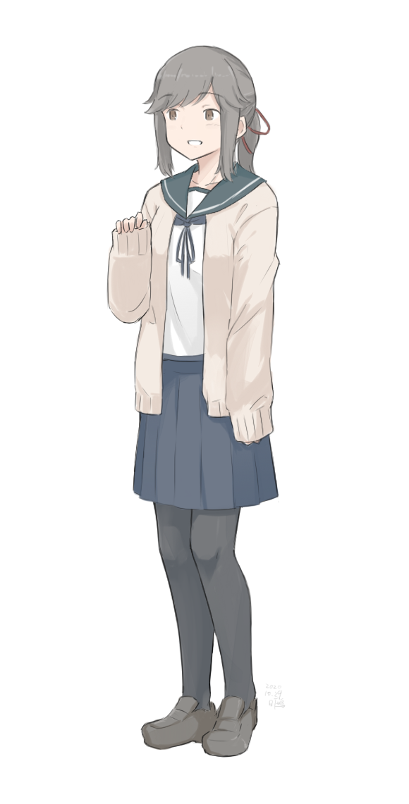 1girl, adapted_costume, beige_cardigan, black_legwear, blue_sailor_collar, blue_skirt, brown_eyes, cardigan, full_body, grey_hair, hair_ribbon, kantai_collection, kusakasima, long_hair, open_cardigan, open_clothes, pantyhose, pleated_skirt, red_ribbon, ribbon, sailor_collar, sidelocks, simple_background, skirt, solo, standing, usugumo_(kantai_collection), white_background