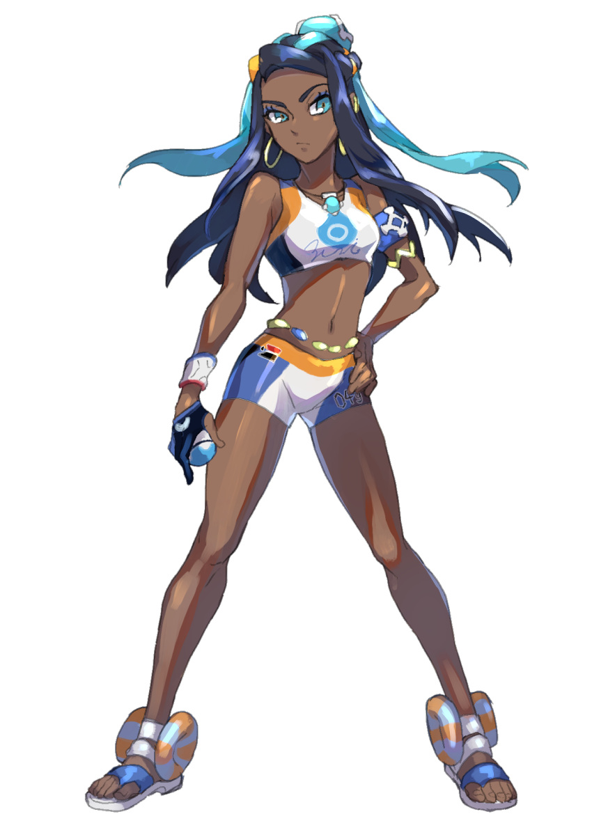 1girl, aqua_eyes, arm_at_side, armlet, belly_chain, bike_shorts, black_hair, blue_eyeshadow, commentary_request, dark_skin, dive_ball, dynamax_band, earrings, eyeshadow, full_body, gloves, gym_leader, hair_bun, hand_on_hip, highres, holding, holding_poke_ball, hoop_earrings, jewelry, komame_(st_beans), legs_apart, long_hair, makeup, multicolored_hair, navel, necklace, nessa_(pokemon), number, poke_ball, pokemon, pokemon_(game), pokemon_swsh, sandals, single_glove, solo, standing, toes, two-tone_hair, white_background