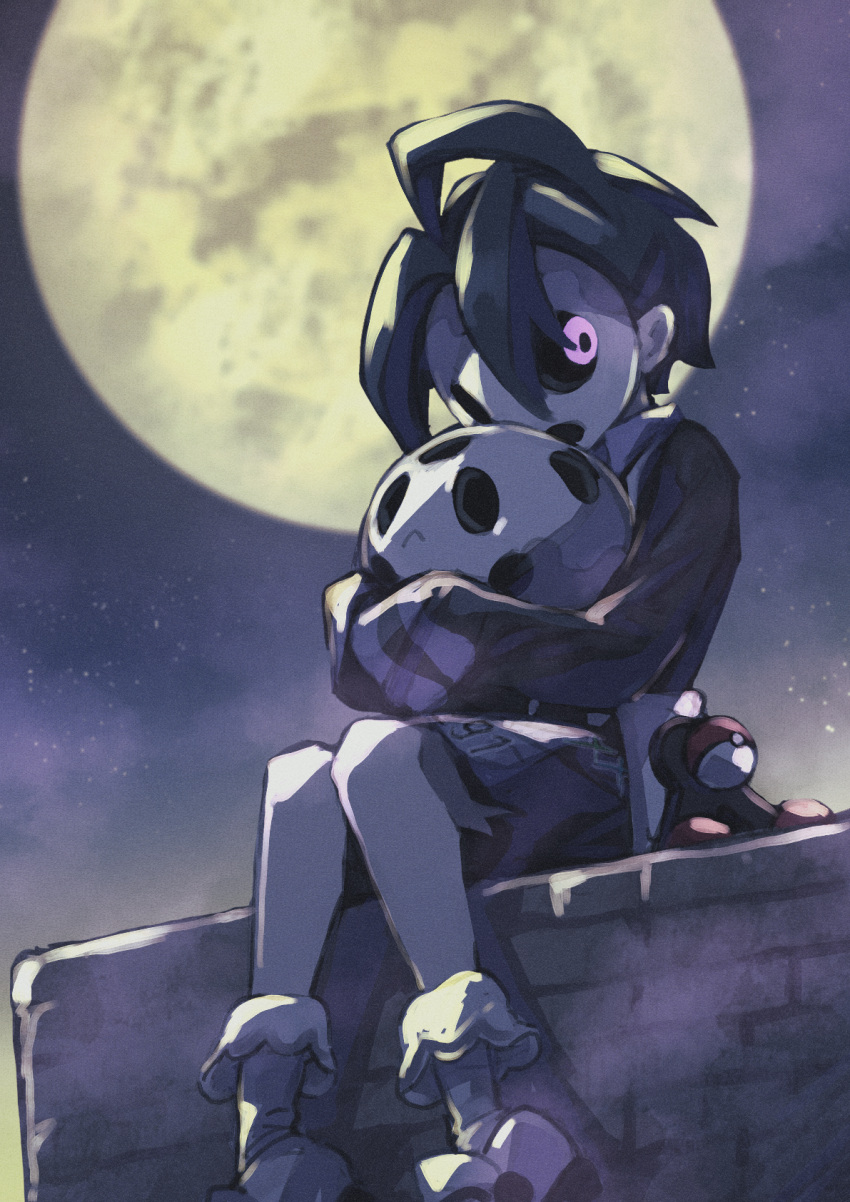 1boy, ahoge, allister_(pokemon), black_hair, collared_shirt, commentary_request, from_below, galarian_corsola