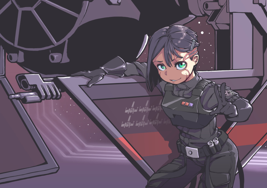 1girl, asymmetrical_hair, black_gloves, black_hair, english_commentary, gloves, green_eyes, highres