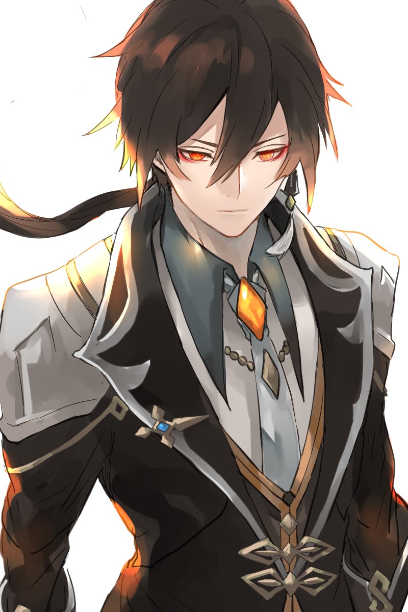 1boy, black_hair, brooch, closed_mouth, formal, genshin_impact, gloves, hair_between_eyes