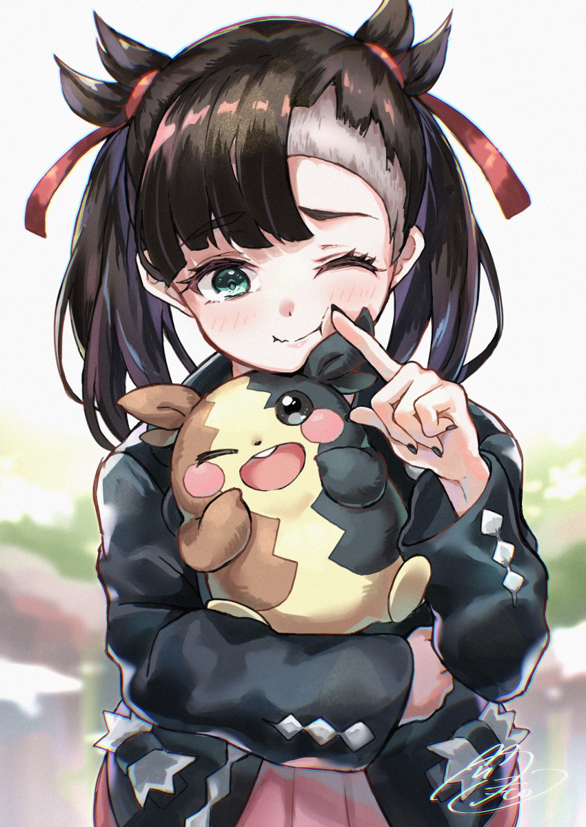 1girl, :t, absurdres, asymmetrical_bangs, bangs, black_hair, black_jacket, black_nails