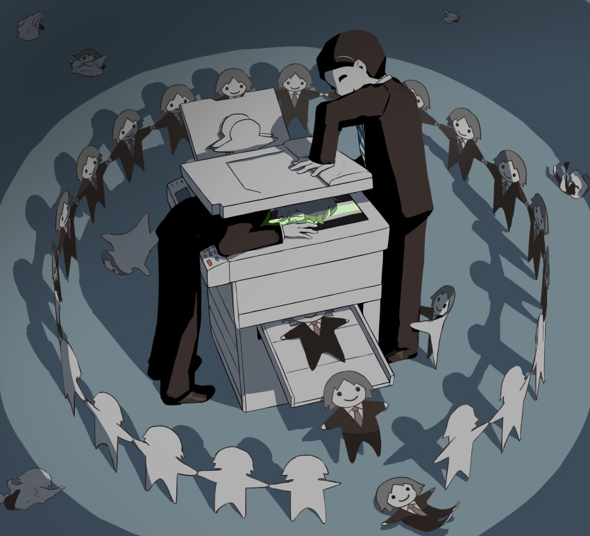 2boys, absurdres, avogado6, black_hair, blue_neckwear, brown_footwear, brown_jacket, brown_pants, business_suit, circle_dance, closed_eyes, closed_mouth, copy_machine, crumpled_paper, dancing, formal, grey_hair, highres, jacket, multiple_boys, necktie, original, pants, paper_child, shoes, short_hair, smile, striped, striped_neckwear, suit