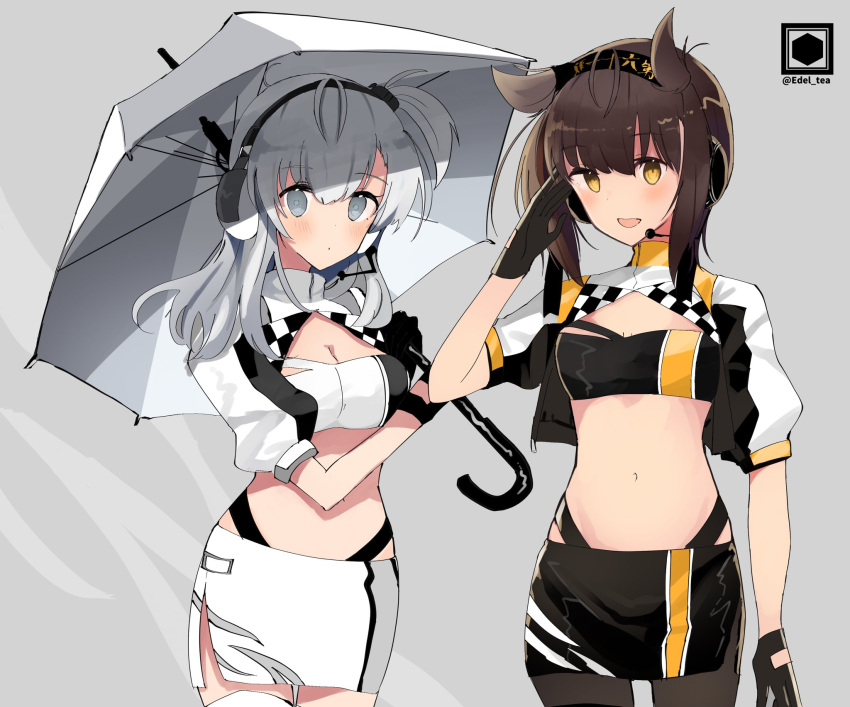 2girls, adapted_costume, alternate_color, artist_logo, bandeau, black_gloves, black_legwear, black_panties