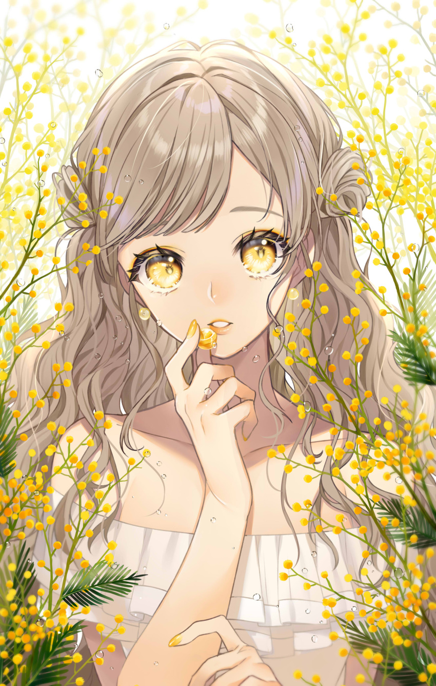 1girl, absurdres, bangs, bare_shoulders, brown_hair, candy, collarbone, double_bun, dress, eyebrows_behind_hair, flower, food, hand_up, highres, holding, holding_candy, holding_food, long_hair, looking_at_viewer, mimosa_(flower), nail_polish, off-shoulder_dress, off_shoulder, orange_eyes, orange_nails, original, parted_lips, sogawa, solo, swept_bangs, upper_body, water_drop, wavy_hair, white_background, white_dress, yellow_flower