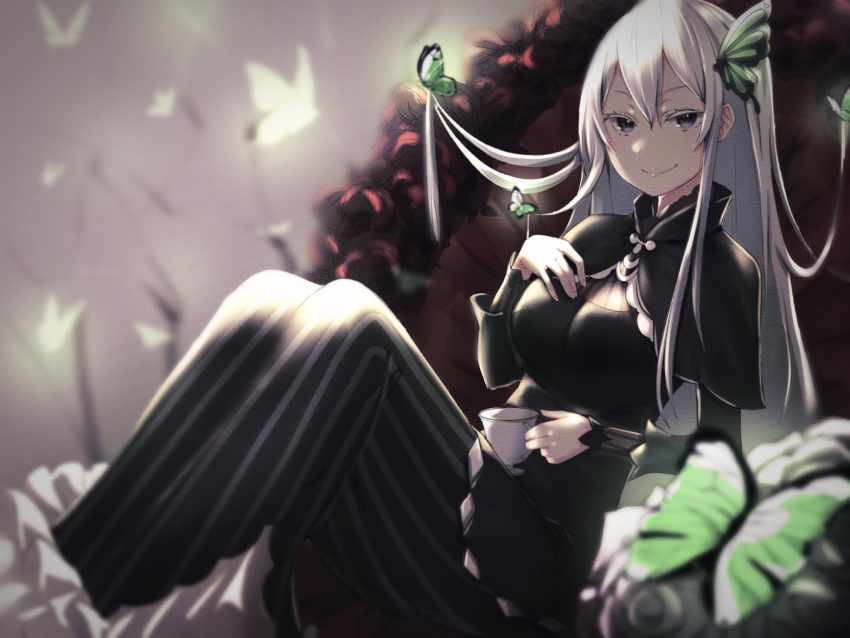 1girl, bangs, black_capelet, black_dress, black_flower, blush, breasts, bug
