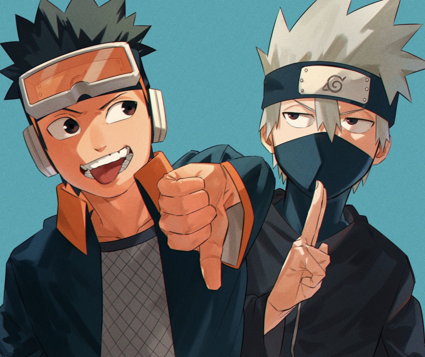 2boys, bangs, black_eyes, black_hair, black_shirt, blue_background, blue_headband, blue_jacket