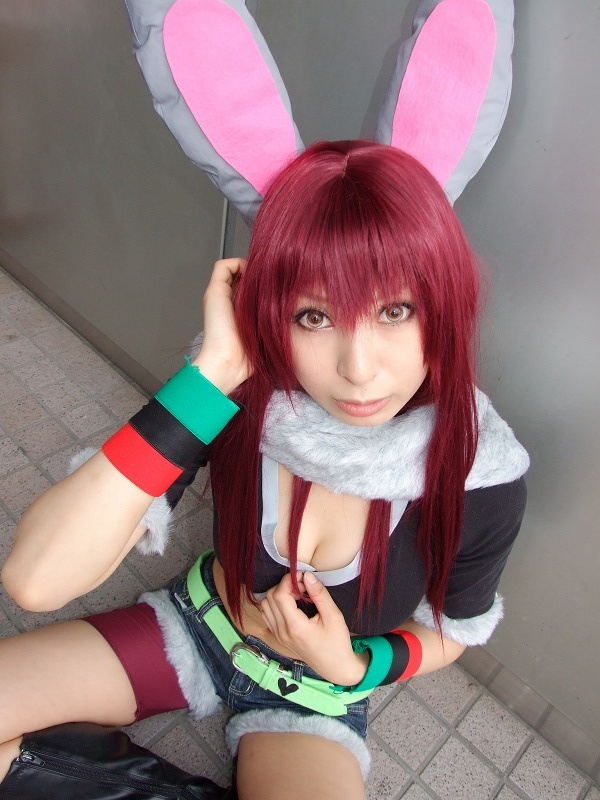 animal_ears, ari_(model), boots, rabbit_ears, cleavage, cosplay, cutoffs, fur-trimmed