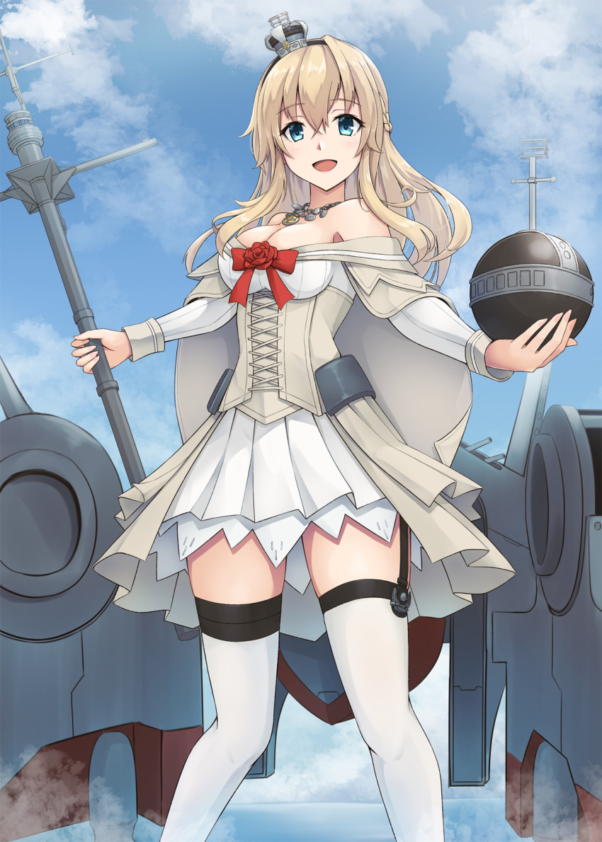 1girl, black_hairband, blonde_hair, blue_eyes, blue_sky, braid, clouds, corset