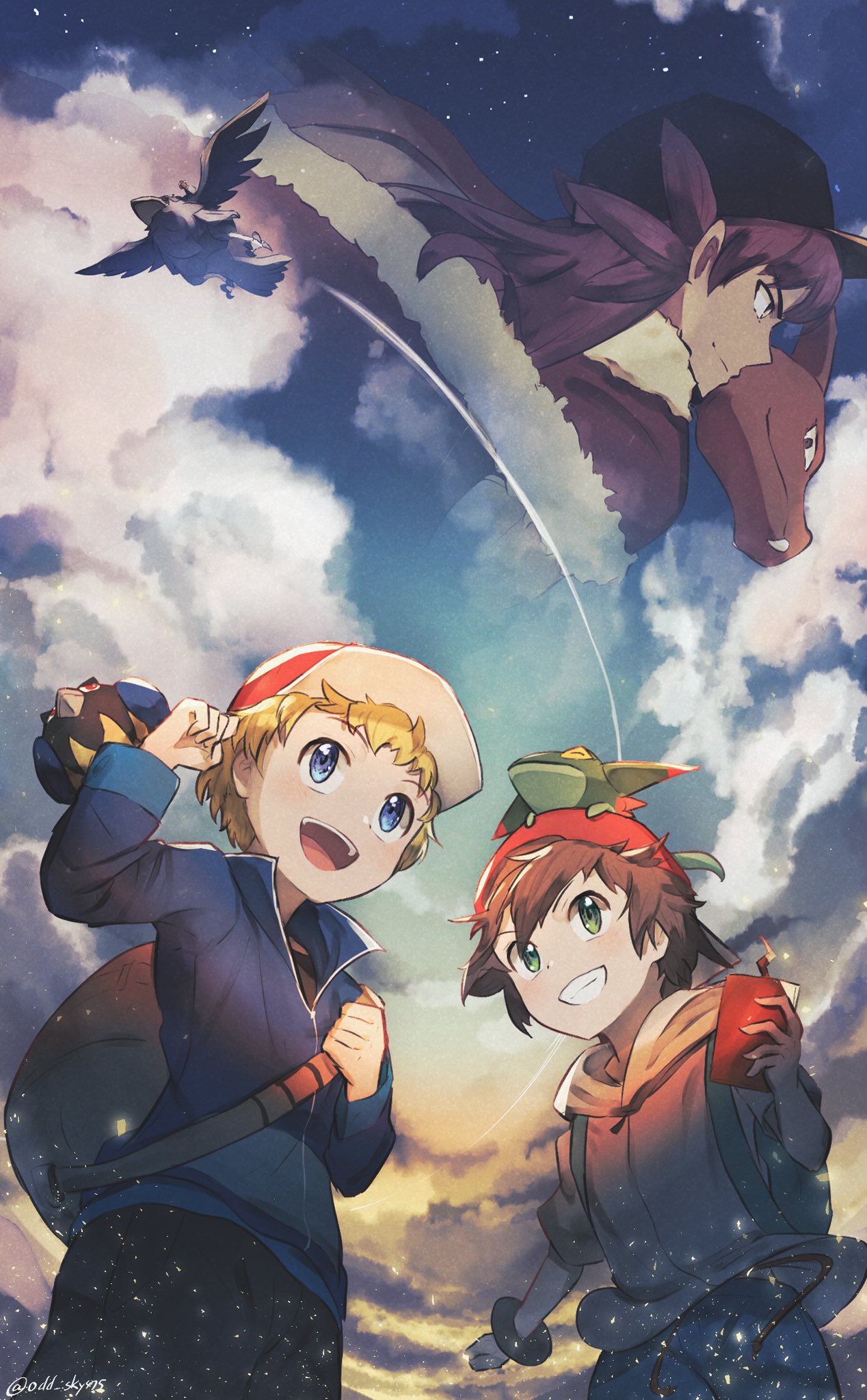 3boys, alternate_costume, artist_name, backwards_hat, bag, baseball_cap, blonde_hair, blue_eyes, blue_jacket, brown_hair, charizard, clenched_teeth, clouds, commentary_request, corviknight, dreepy, gen_1_pokemon, gen_8_pokemon, green_eyes, hat, highres, holding, holding_strap, jacket, john_(pokemon), long_sleeves, male_focus, multiple_boys, odd_(hin_yari), on_head, open_mouth, pokemon, pokemon:_twilight_wings, pokemon_(creature), pokemon_(game), pokemon_on_head, pokemon_swsh, red_headwear, rookidee, short_sleeves, sky, smile, teeth, tommy_(pokemon), tongue, watermark