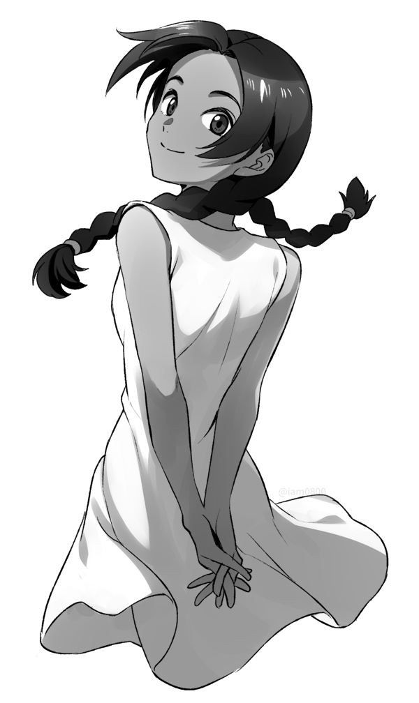 1girl, abenobashi_mahou_shoutengai, arms_behind_back, asahina_arumi, bare_arms, braid, closed_mouth, commentary_request
