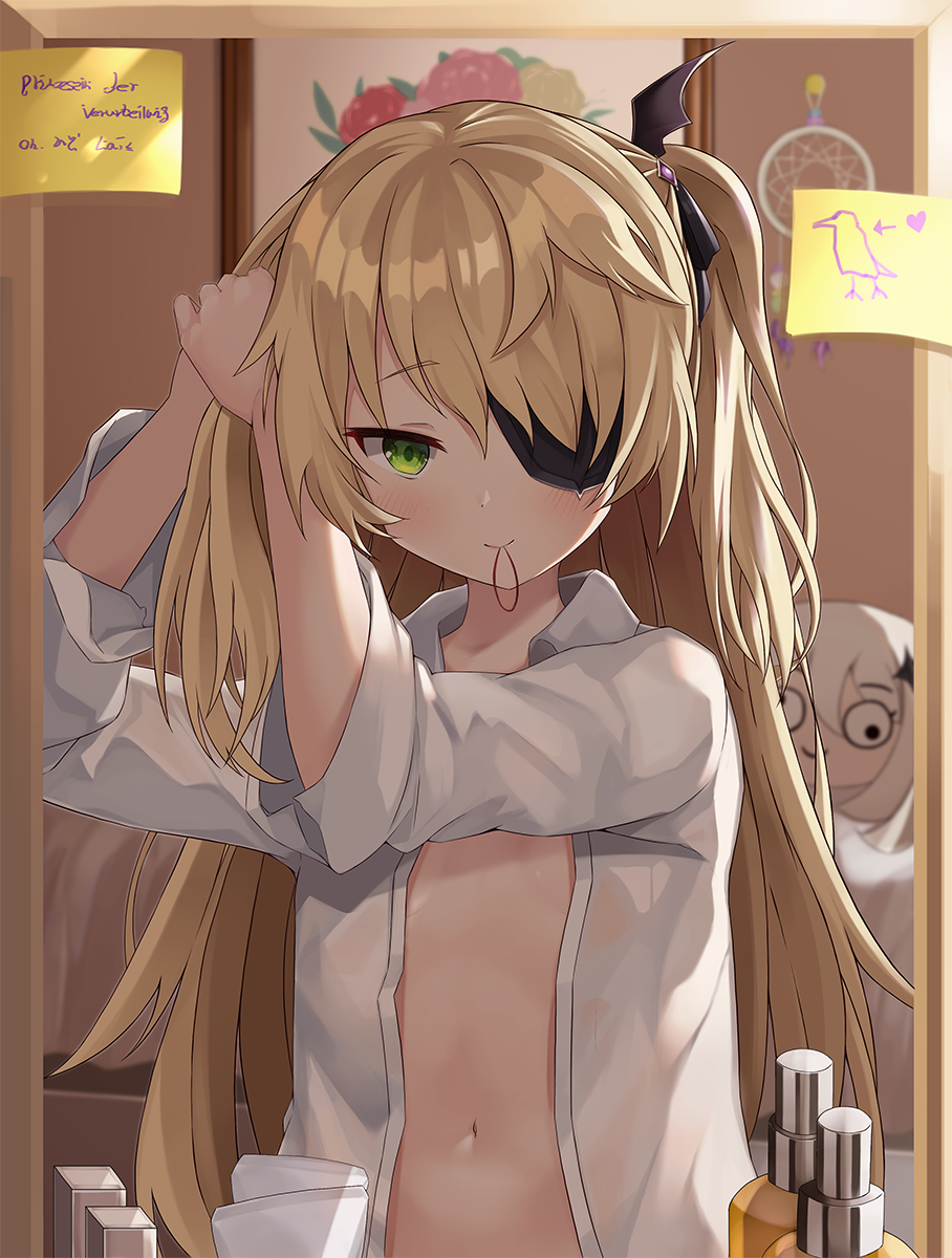 1girl, bangs, bed, bird, blonde_hair, blush, closed_mouth, commentary