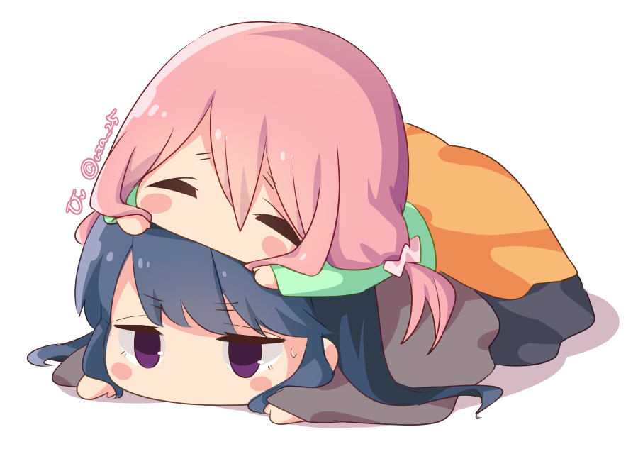 2girls, atu, bangs, blue_hair, blush_stickers, chibi, closed_eyes, commentary_request