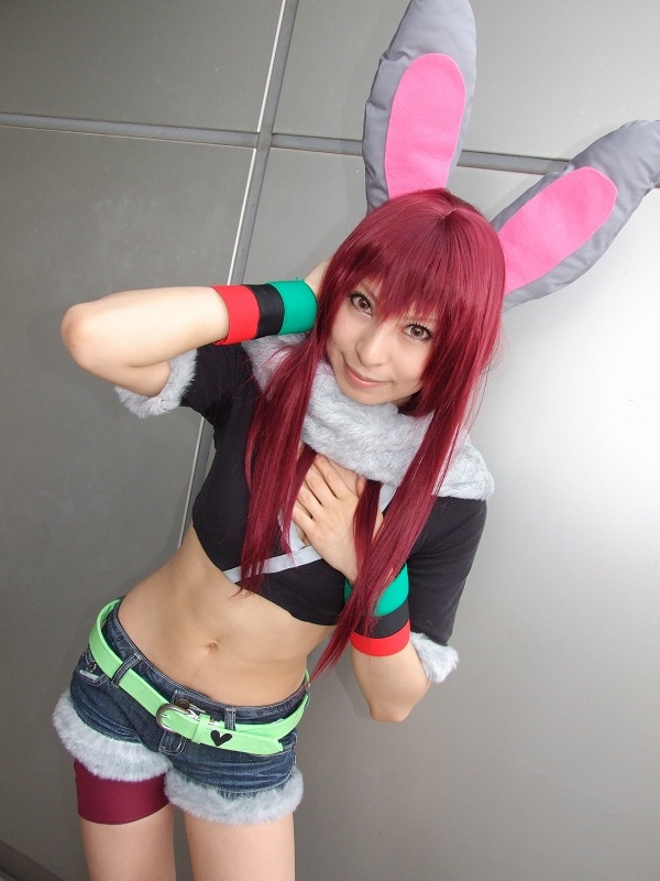 animal_ears, ari_(model), rabbit_ears, cosplay, cutoffs, fur-trimmed, getsumento_heiki_miina, midriff