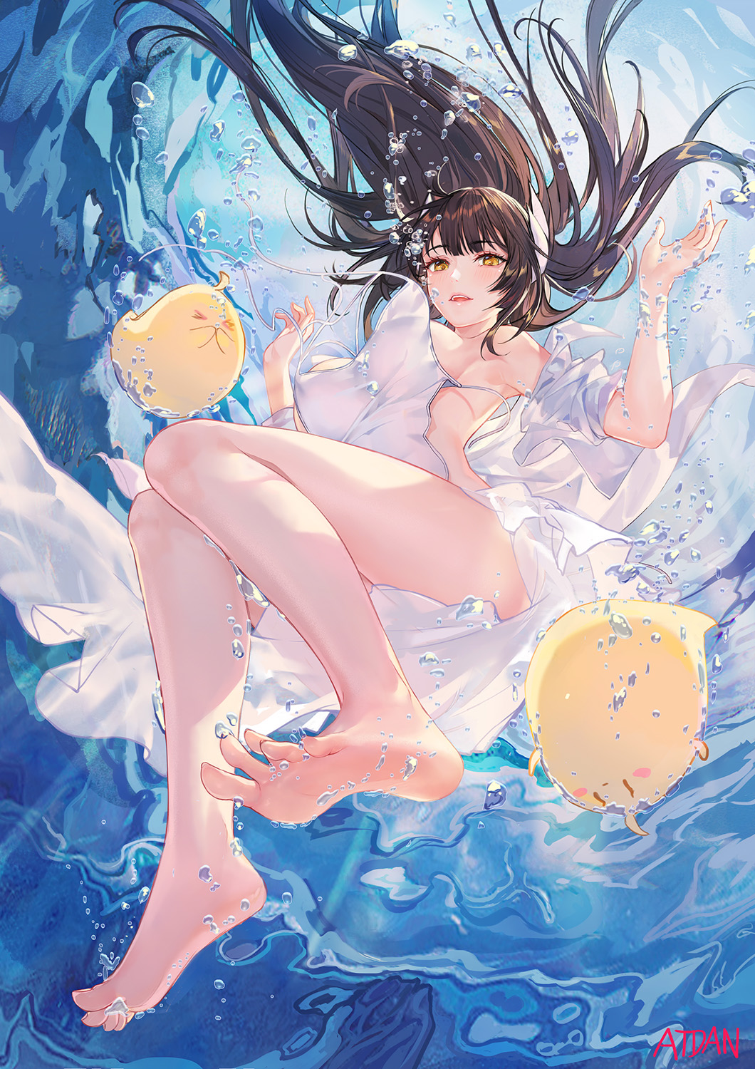 1girl, air_bubble, atdan, azur_lane, barefoot, breath, brown_hair, bubble