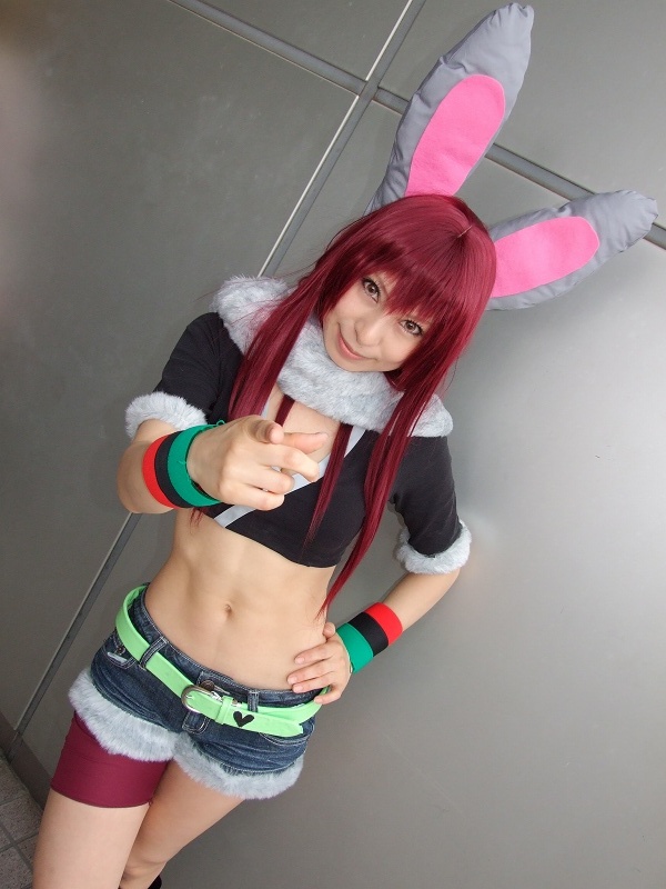 animal_ears, ari_(model), rabbit_ears, cosplay, cutoffs, fur-trimmed, getsumento_heiki_miina, midriff