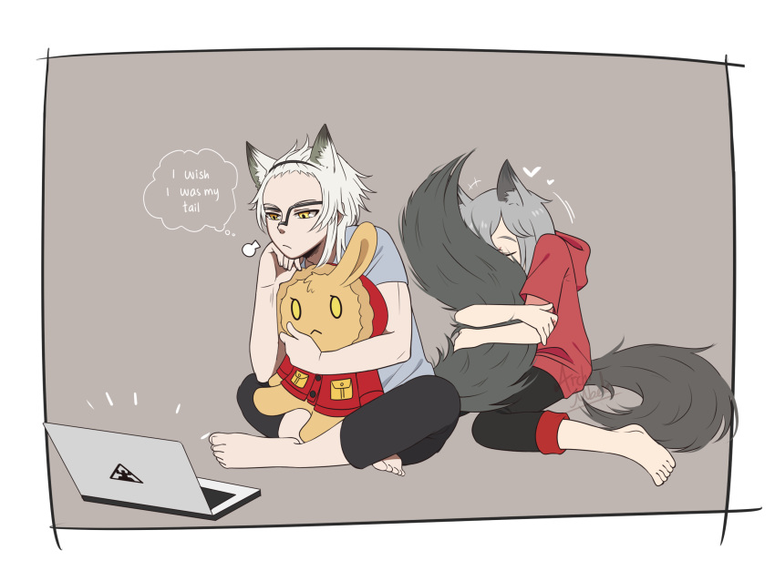 1boy, 1girl, alternate_costume, animal_ears, aosta_(arknights), archimbek, arknights, casual