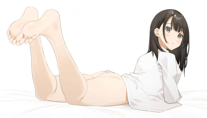 1girl, anklet, bare_legs, barefoot, black_eyes, black_hair, feet, feet_up