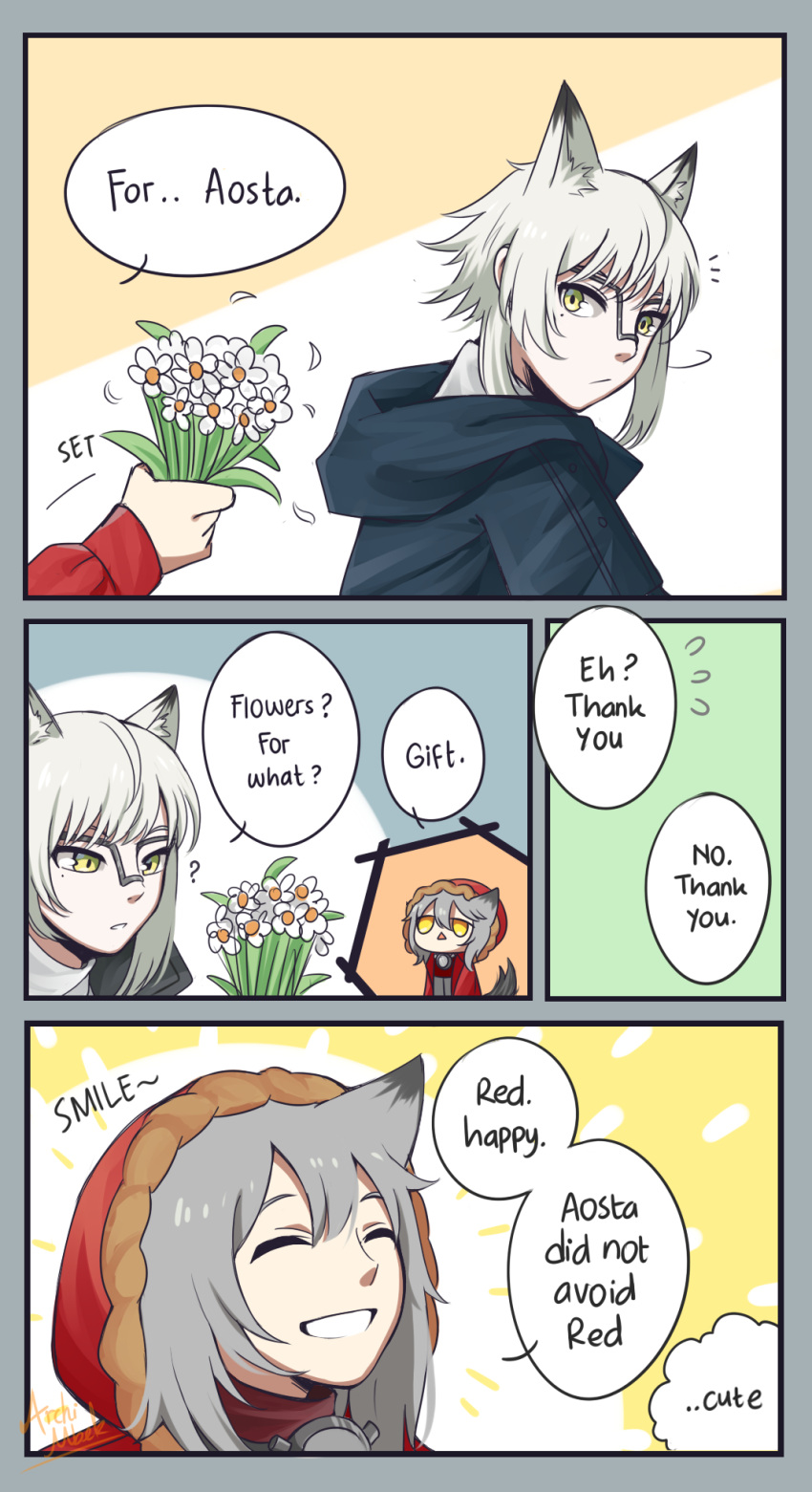 1boy, 1girl, animal_ears, aosta_(arknights), archimbek, arknights, blue_coat, coat