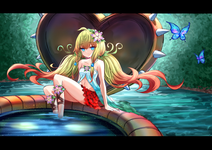 1girl, ahoge, blonde_hair, blue_butterfly, blue_hair, bug, butterfly, duel_monster, flower, foot_bath, gradient_hair, hair_flower, hair_ornament, highres, insect, lazupeace, long_hair, looking_at_viewer, midriff, multicolored_hair, plant, red_skirt, redhead, skirt, solo, traptrix_nepenthes, venus_flytrap, water, yu-gi-oh!
