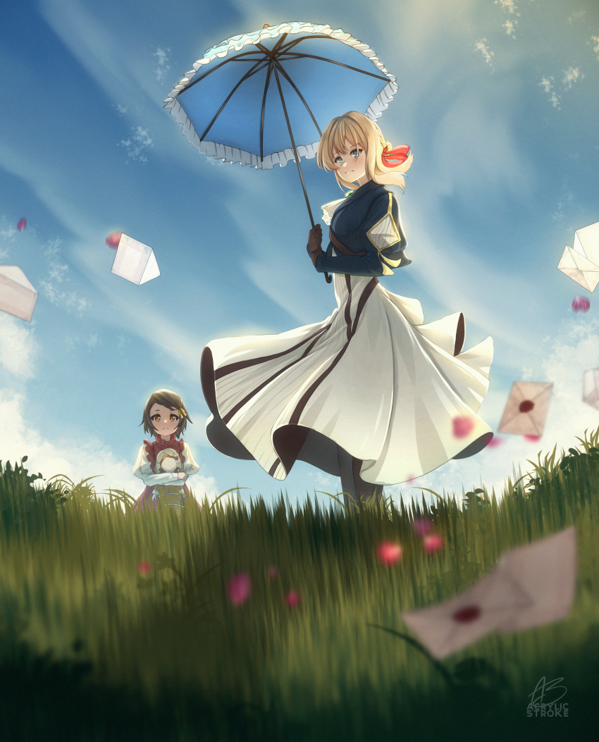 1girl, 2girls, absurdres, acrylicstroke, ann_magnolia, blonde_hair, blue_eyes, blue_sky, blurry_foreground, brown_hair, child, closed_mouth, doll, dress, english_commentary, envelope, fine_art_parody, gloves, grass, hair_ornament, highres, holding, holding_doll, holding_umbrella, huge_filesize, letter, multiple_girls, orange_eyes, parody, short_hair, sky, standing, umbrella, violet_evergarden, violet_evergarden_(character), wind, woman_with_a_parasol