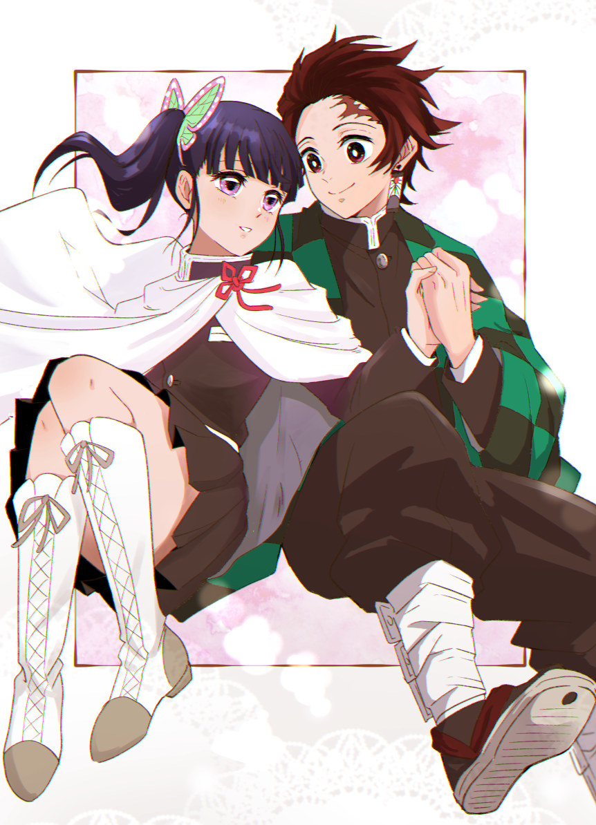 1boy, 1girl, black_hair, black_jacket, black_pants, black_skirt, blue_hair, boots