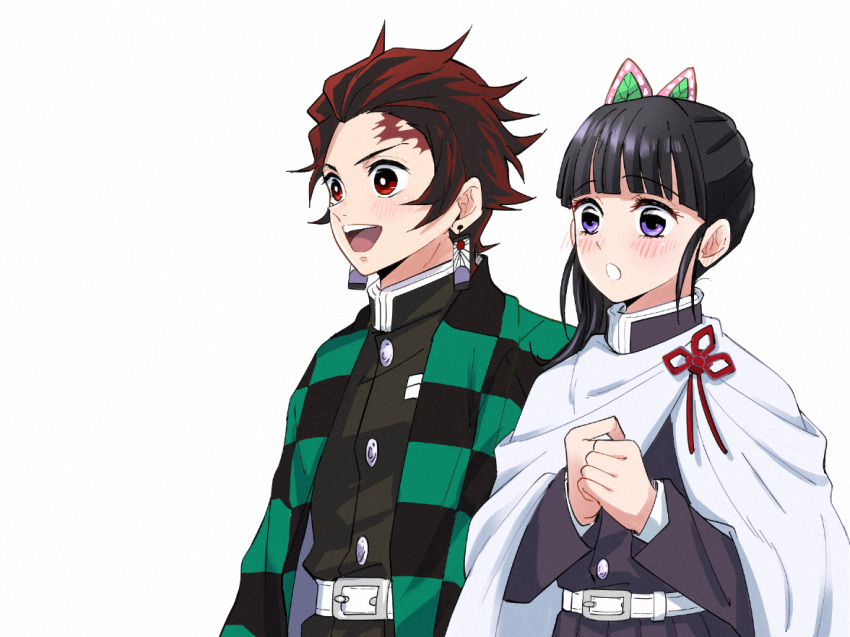 1boy, 1girl, :d, belt, belt_buckle, black_hair, black_jacket, black_skirt