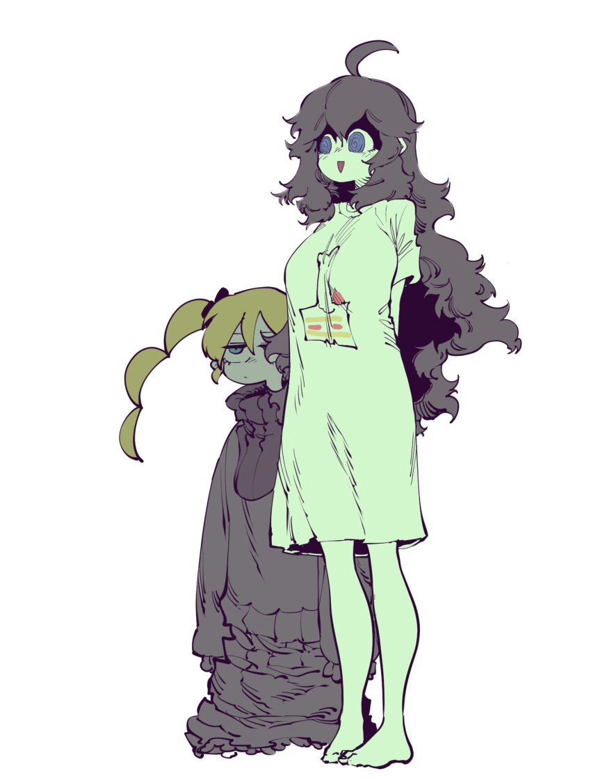 2girls, :d, @_@, ahoge, barefoot, blonde_hair, blue_eyes, character_request