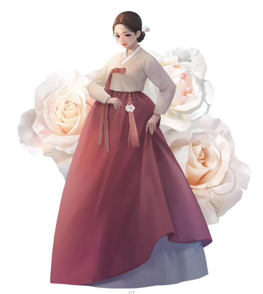 1girl, brown_eyes, brown_hair, dress, flower, hanbok, hanbok_lift, highres, holding, holding_clothes, holding_dress, korean_clothes, looking_down, original, pink_flower, pink_rose, rose, shinyoung_kim, solo, standing, white_background