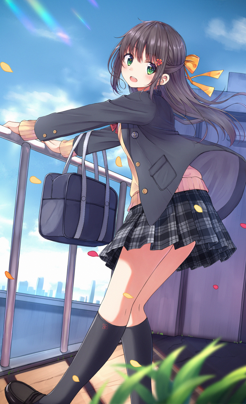 1girl, :d, absurdres, bag, bangs, beige_sweater, black_footwear, black_hair, black_jacket, black_legwear, black_skirt, blazer, blurry_foreground, bow, eyebrows_visible_through_hair, grabbing, grass, green_eyes, hair_bow, hair_ornament, highres, huge_filesize, jacket, loafers, long_hair, long_sleeves, looking_at_viewer, n2_(yf33), open_clothes, open_jacket, open_mouth, original, petals, plaid, plaid_skirt, pleated_skirt, pocket, railing, red_neckwear, red_ribbon, ribbon, school_bag, school_uniform, shoes, sidelocks, skirt, smile, solo, tied_hair, uniform, upper_teeth, yellow_bow