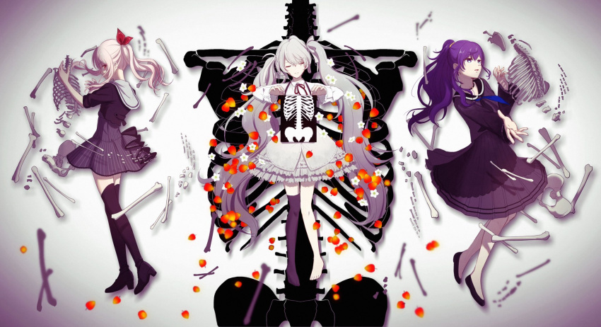 1other, 25-ji_miku, 2girls, akiyama_mizuki, asahina_mafuyu, asymmetrical_legwear, bare_legs, black_dress