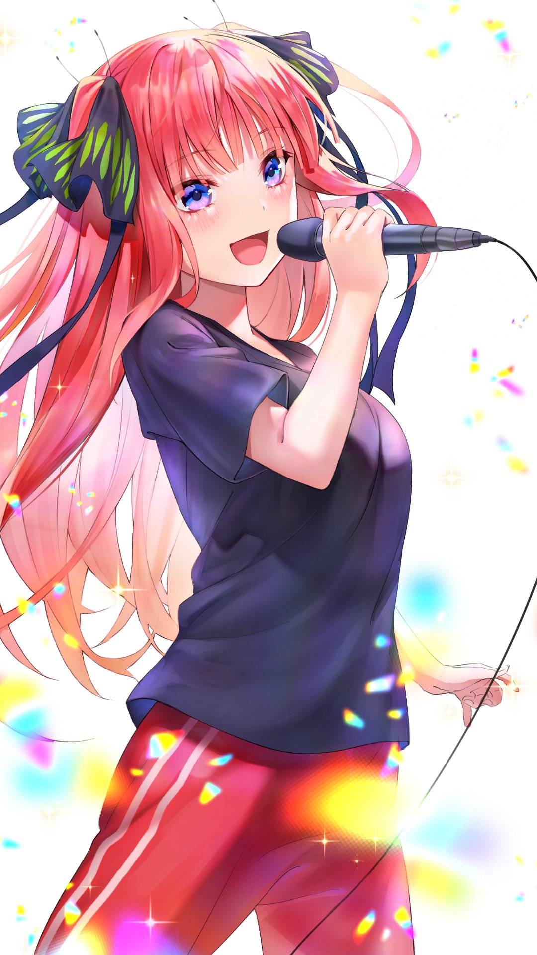 1girl, :d, bangs, black_ribbon, black_shirt, blue_eyes, blunt_bangs, blush