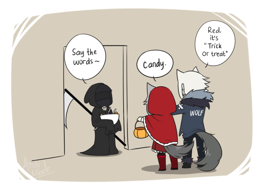 1boy, 1girl, 1other, alternate_costume, animal_ears, aosta_(arknights), archimbek, arknights