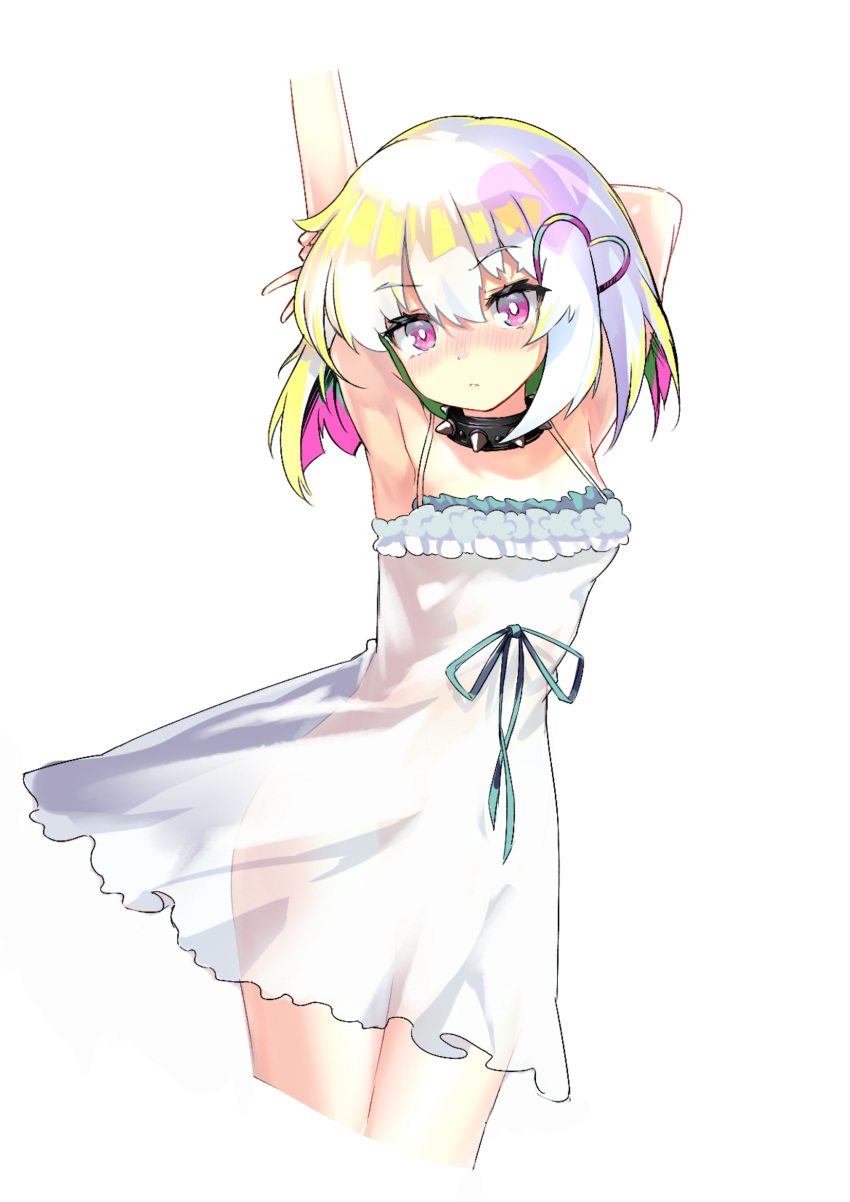 1girl, arm_behind_head, armpits, arms_up, bangs, bare_shoulders, black_collar, blush