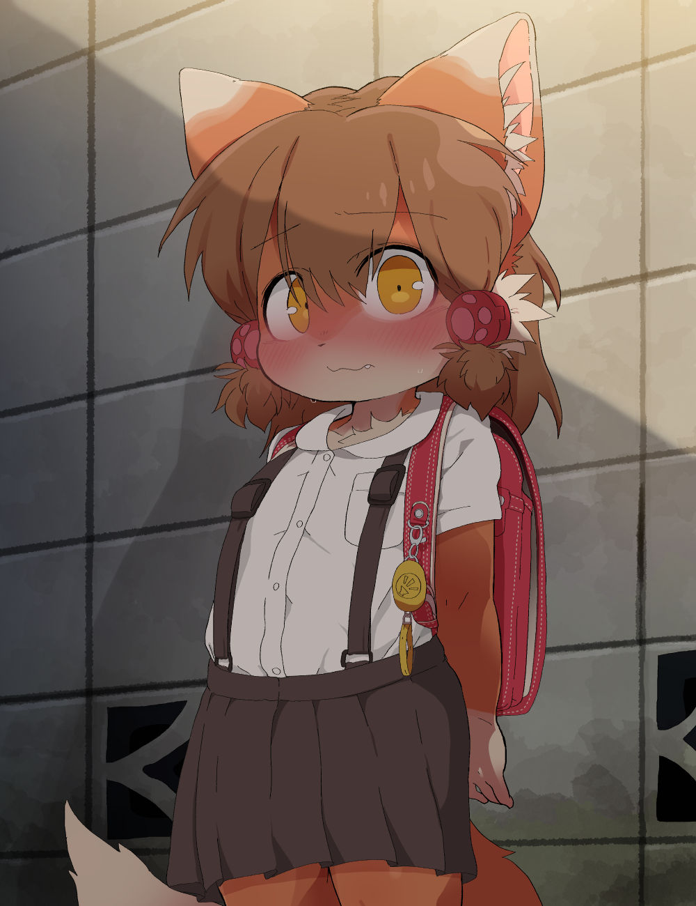 1boy, animal_ear_fluff, animal_ears, backpack, bag, beads, black_skirt, blush