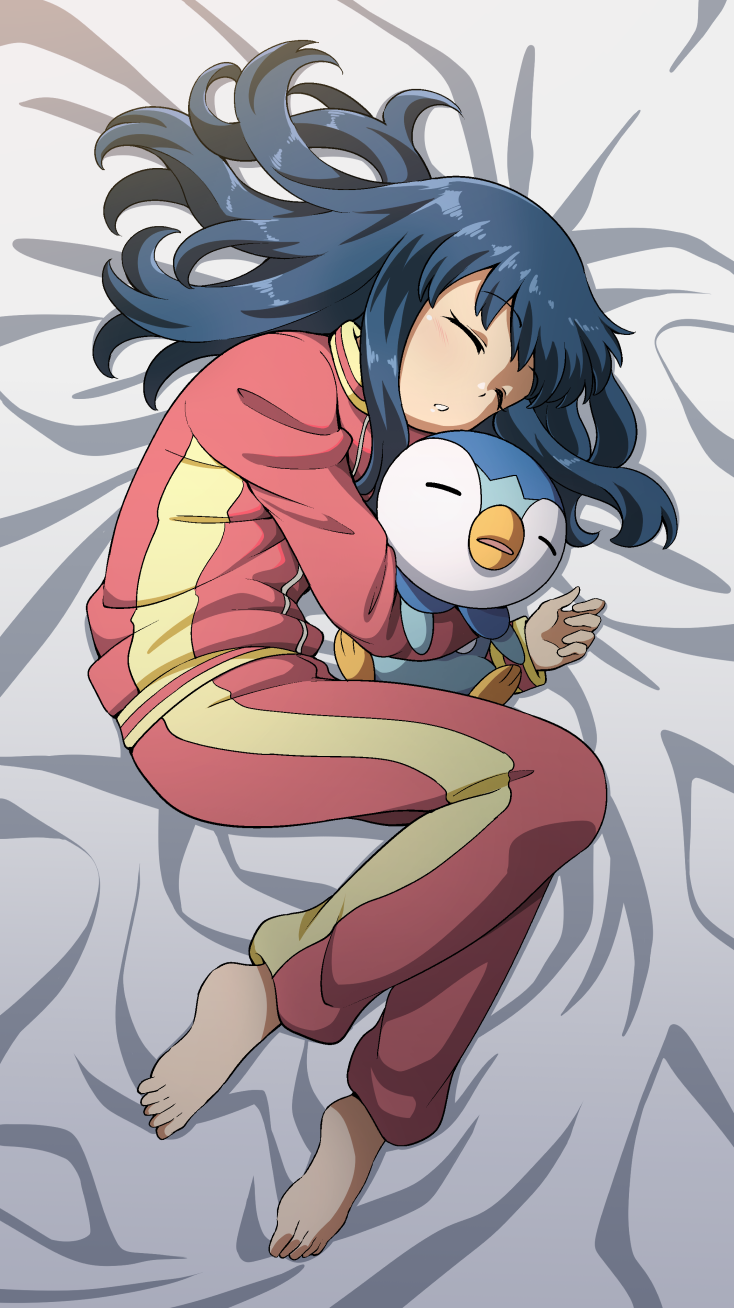 1girl, bangs, barefoot, bed_sheet, closed_eyes, commentary, hikari_(pokemon), eyebrows_visible_through_hair