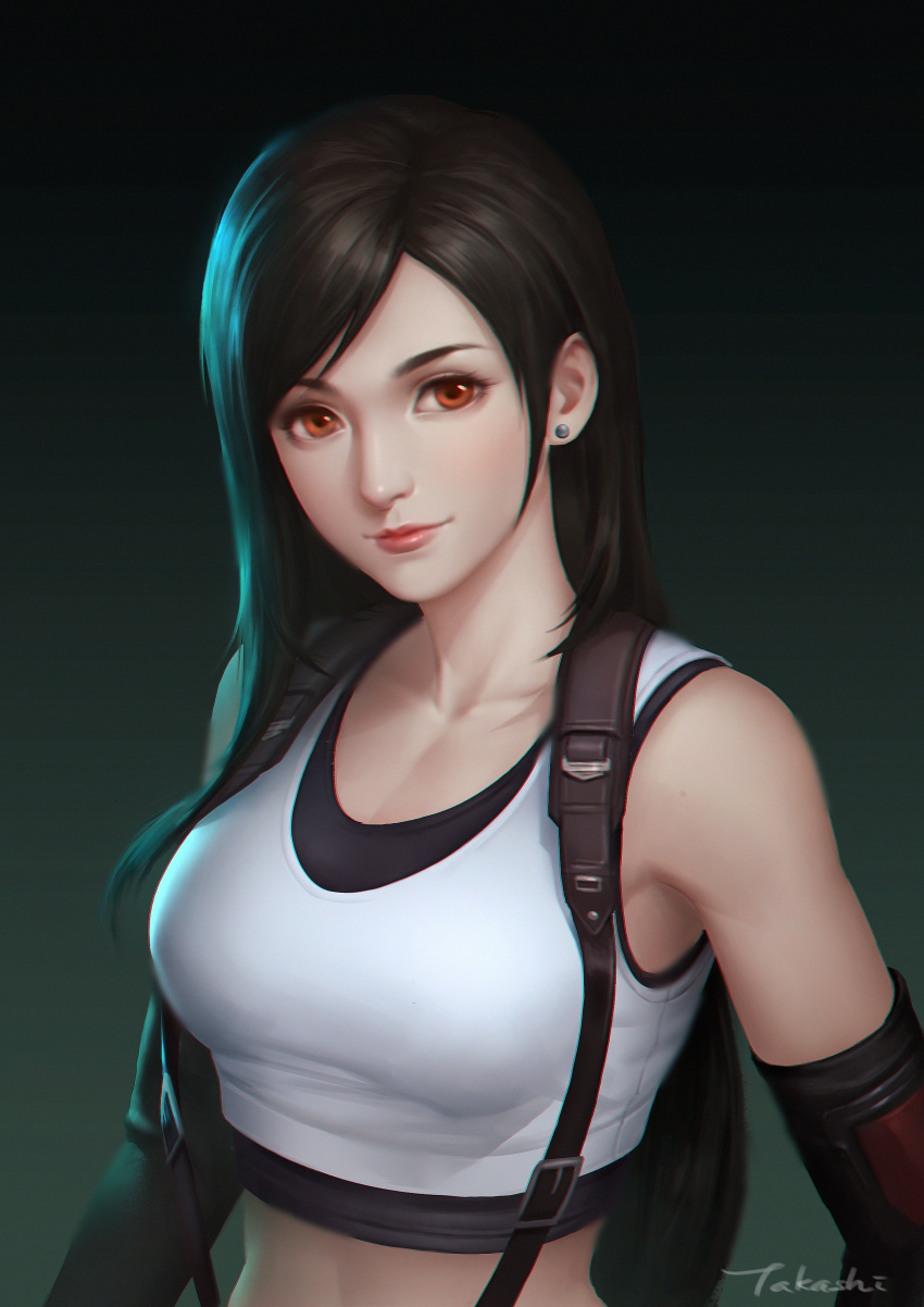 1girl, absurdres, bangs, bare_shoulders, black_hair, black_skirt, breasts, brown_eyes, closed_mouth, earrings, elbow_gloves, elbow_pads, final_fantasy, final_fantasy_vii, final_fantasy_vii_remake, fingerless_gloves, gloves, highres, jewelry, large_breasts, long_hair, midriff, pencil_skirt, shirt, signature, skirt, smile, suspender_skirt, suspenders, suspenders_gap, swept_bangs, takashi_tan, tank_top, taut_clothes, taut_shirt, tifa_lockhart, very_long_hair, white_tank_top