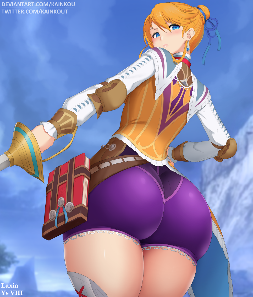 1girl, ass, belt, blonde_hair, blue_eyes, blush, book, commentary_request, earrings, hair_bun, jewelry, kainkout, laxia_(ys), looking_at_viewer, looking_back, looking_down, rapier, skindentation, solo, sword, thick_thighs, thighs, tied_hair, weapon, ys, ys_viii_lacrimosa_of_dana