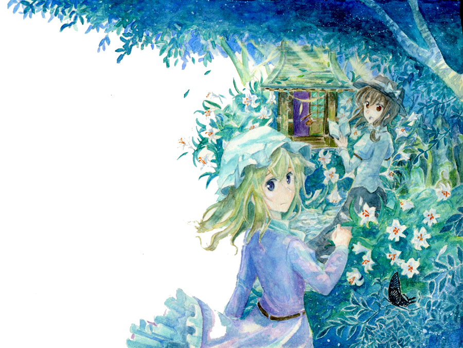 2girls, black_skirt, book, dress, flower, graphite_(medium), holding, holding_book, maribel_hearn, mononofu7, multiple_girls, outdoors, purple_dress, purple_shirt, shirt, shrine, skirt, touhou, traditional_media, tree, usami_renko, watercolor_(medium), white_shirt