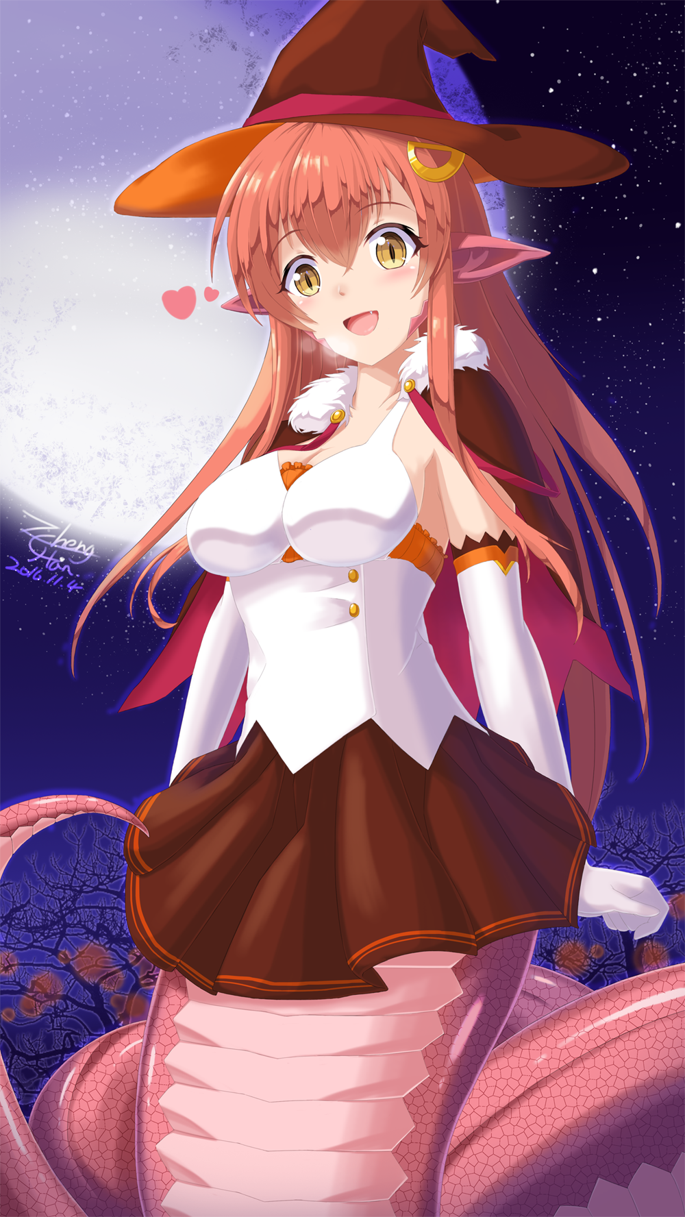 1girl, :d, blush, breasts, collarbone, dated, elbow_gloves, fang