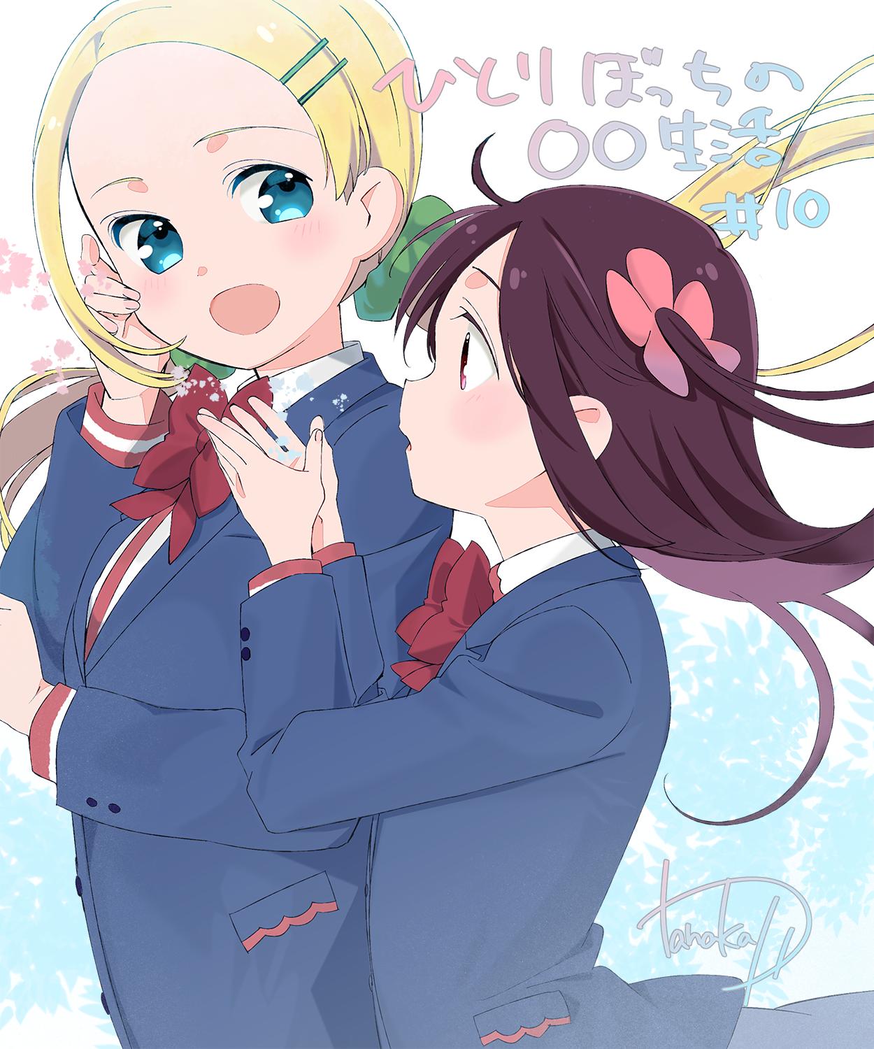 2girls, :d, artist_name, blazer, blonde_hair, blue_jacket, blush, bow
